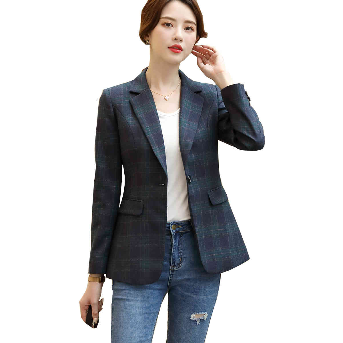 

Women's Suits & Blazers Women Single Button Notched Collar Plaid Blazer With Pockets New Fall Winter Coat Jackets Gray Green Female 3XL 9DY8, Green blazer
