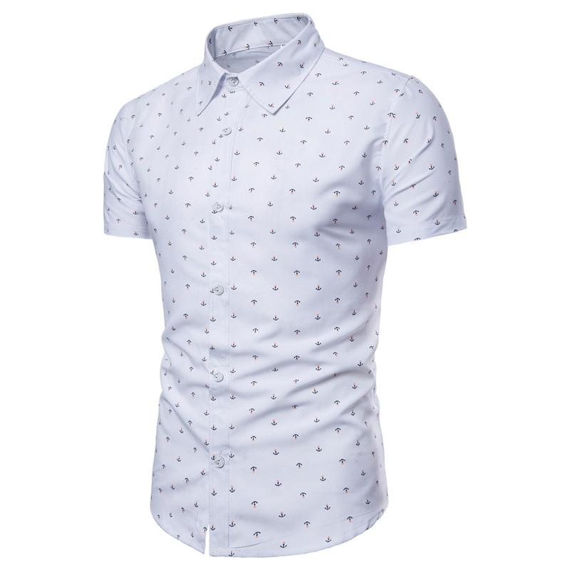 

Mens White Anchor Print Dress Shirts 2021 Summer Slim Fit Short Sleeve Shirt Men Chemise Homme Casual Streetwear Clothing Men's