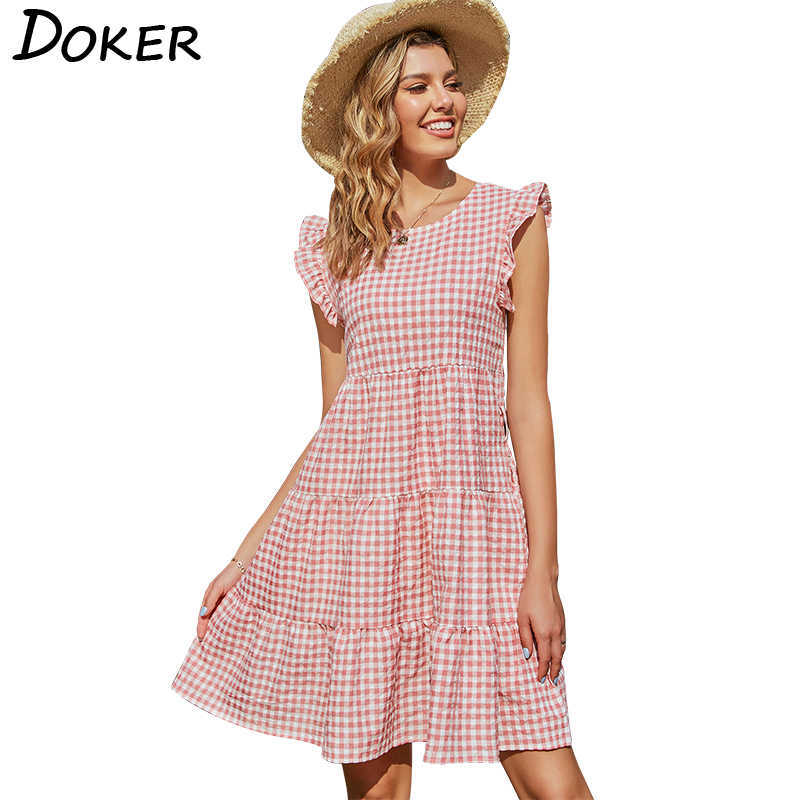 

Plaid Print Ruffle Short Sleeve O Neck Women Dress Elegant Temperament Evening Party Beach Female Mini Dresses 210604, Pink