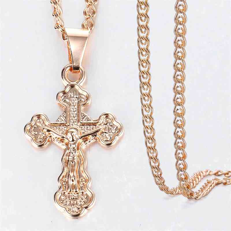 

Pendant 585 Rose Gold Cross Crucifix Clear Crystal for Men Women Prayer Jesus Necklace Chain 50cm Fashion Jewelry GPM26