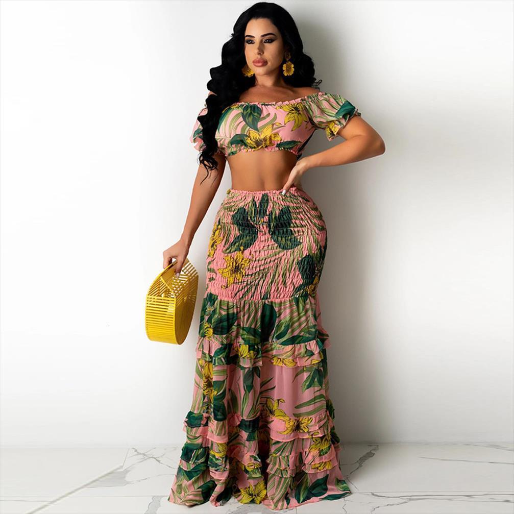 

floral print elegant two piece womens tracksuits dress set summer vacation outfits slash neck crop ruched ruffles mermaid maxi, Gray