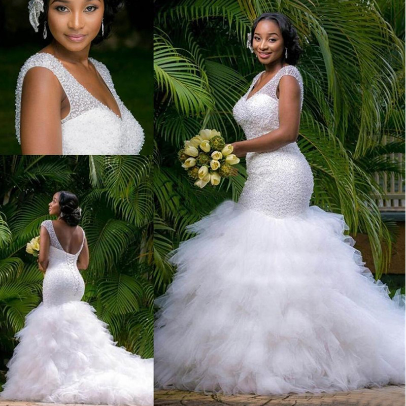 Vintage Plus Size Mermaid Wedding Dress Beading Sheer Deep V Neck Backless Corset Ruffles Tulle Garden Bridal Gown-image-719488727