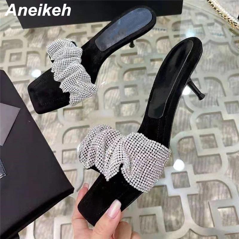 

Aneikeh Summer Shoes For Women 2021 Bling PU Slippers Stiletto Heels Concise Novelty Pleated Shallow Polka Dot Party Sexy Black
