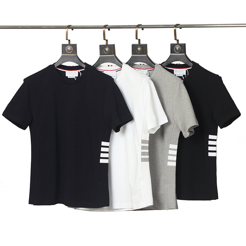 

2021 summer men's and women's fashion short-sleeved T-shirt four bars pure cotton round neck pullover casual bottoming shirt, White
