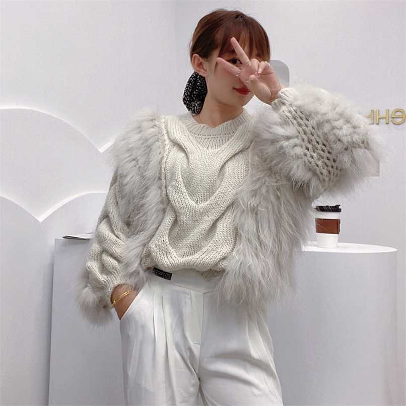 

Women's Real Raccoon Fur Knitted Sweater Vest Japanese Style Female Fur Pullover Warm fall winter high neck fur sweaters 211019, Grey