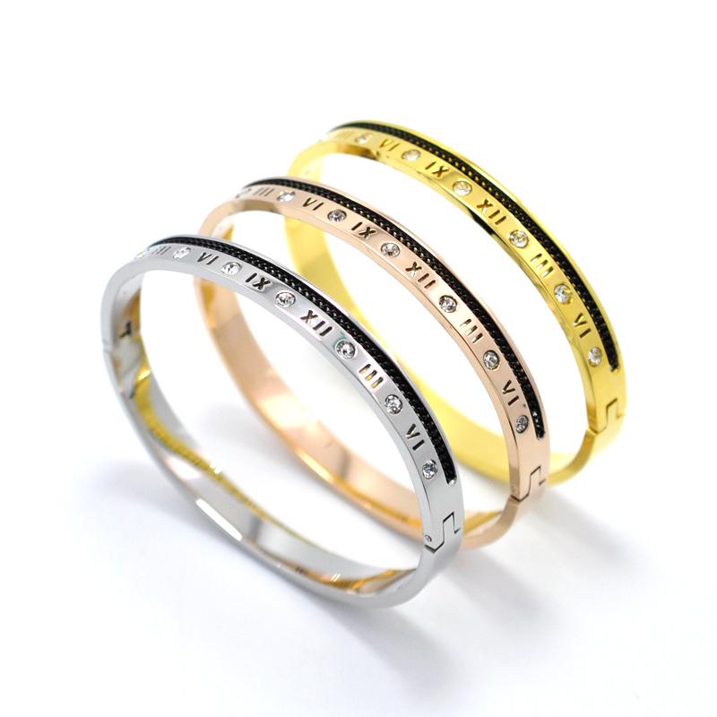 

Bangle Hollow Roman Numerals Letter Thin Bracelets Stainless Steel Bangles Female Luxury Crystals Arm Cuff Couple Gift
