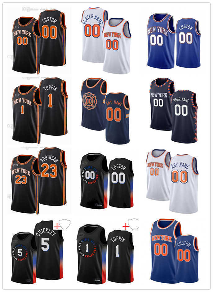 

75th Custom Men Women Youth New YorkKnicks5 Immanuel Quickley 23 Mitchell Robinson 1 Obi Toppin 8 Kemba Walker Basketball Jerseys, Black;red