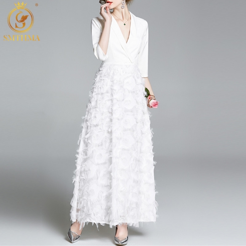 

Spring Women's Half Sleeve Notched Vintage Tassels Patchwork Blazer Dress Female Big Swing White Long Vestidos 210520, Photo color