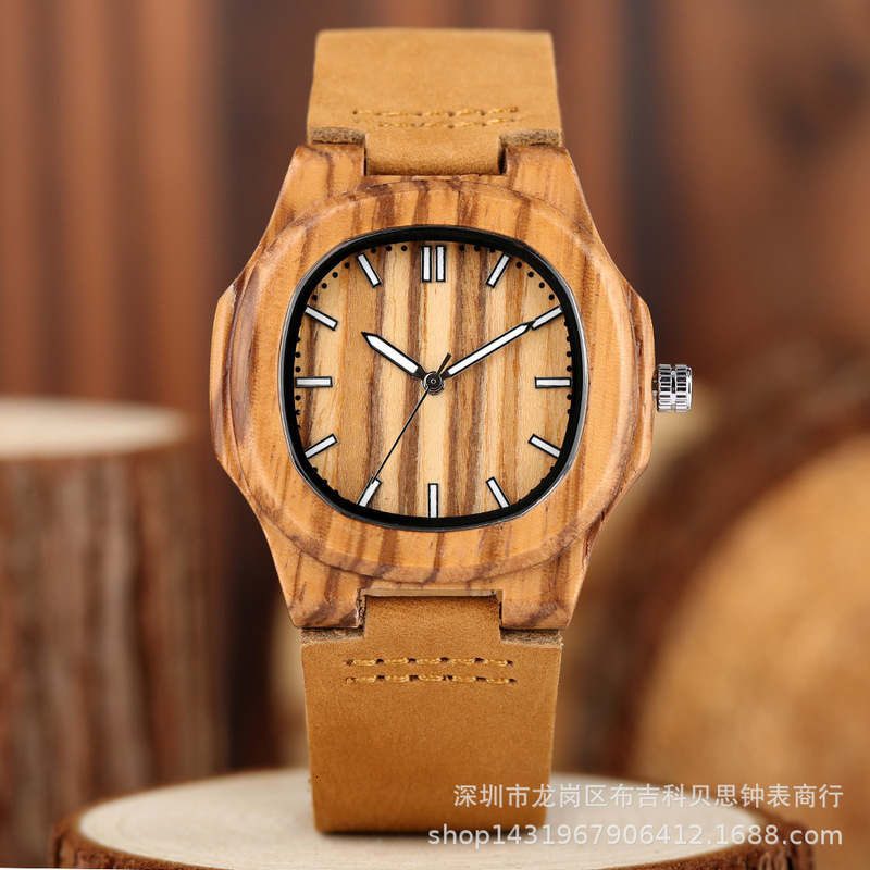 

BE36 watch straight fashion leisure square belt Nautilus quartz wood men's, Bamboo