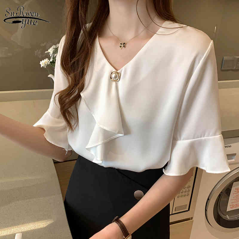 

Casual Women Clothing Solid Tops and Blouses Short Sleeve V-neck White Pink Elegant Office Lady Ruffle Blouse 9606 210521
