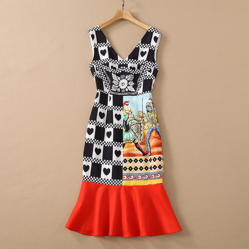 

European and American women's wear for spring 2021 Sleeveless V-neck print Fashionable fishtail dresses, Multi