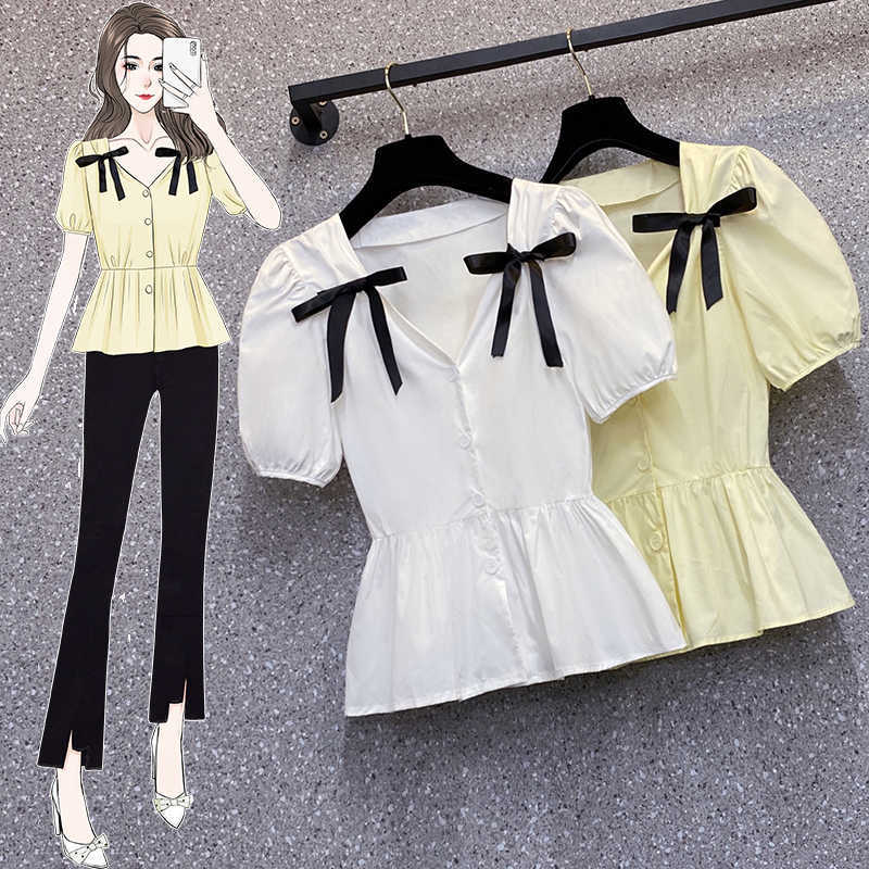 

Women Lace Blouse Femme Tops Chiffon Shirt Summer White Short Sleeve Blusa Feminina Bow Women Top Shirt Blouse Plus Size 210604, Yellow