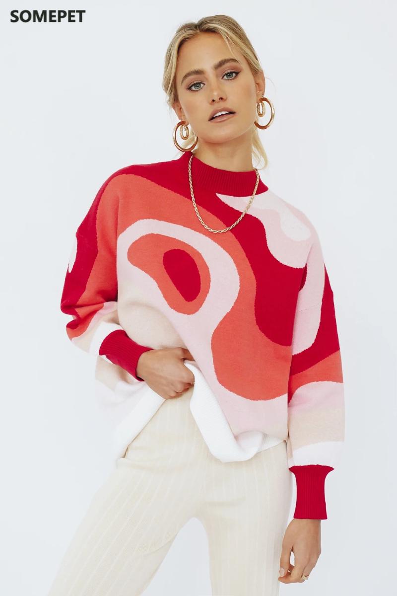 

Women's Sweaters Fashion Contrast Color Loose Round Neck Pullover Sweater Women Casual Blue And White Soft Long-sleeved Knitted Oversized, White;black