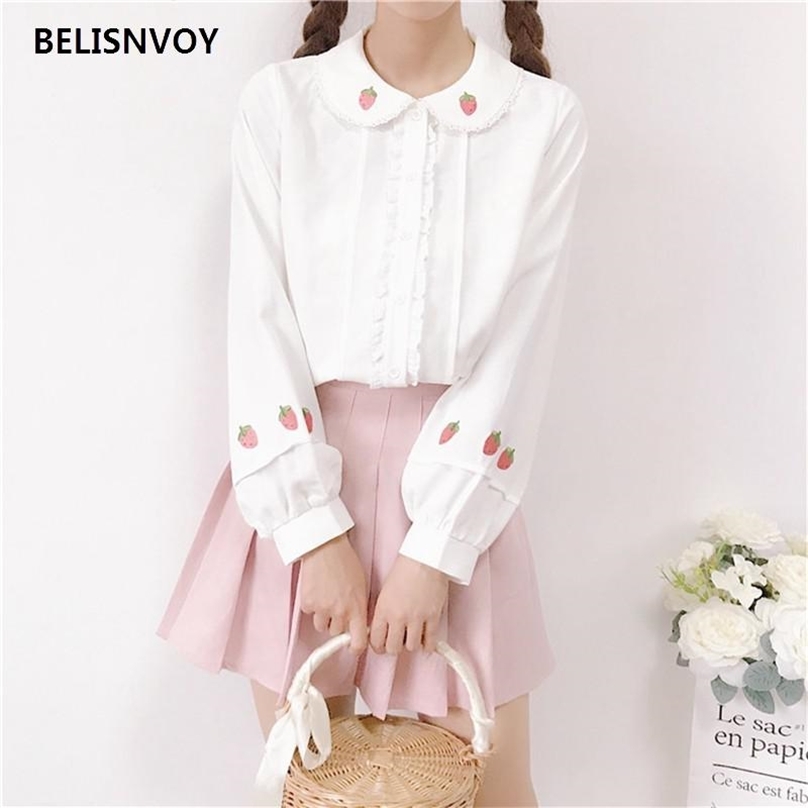 

Japanese Kawaii Long Sleeve White Blouses For Top Sweet Strawberry Embroidery Shirt Elegant Ruffle Cute Blusas 210520, As the photo