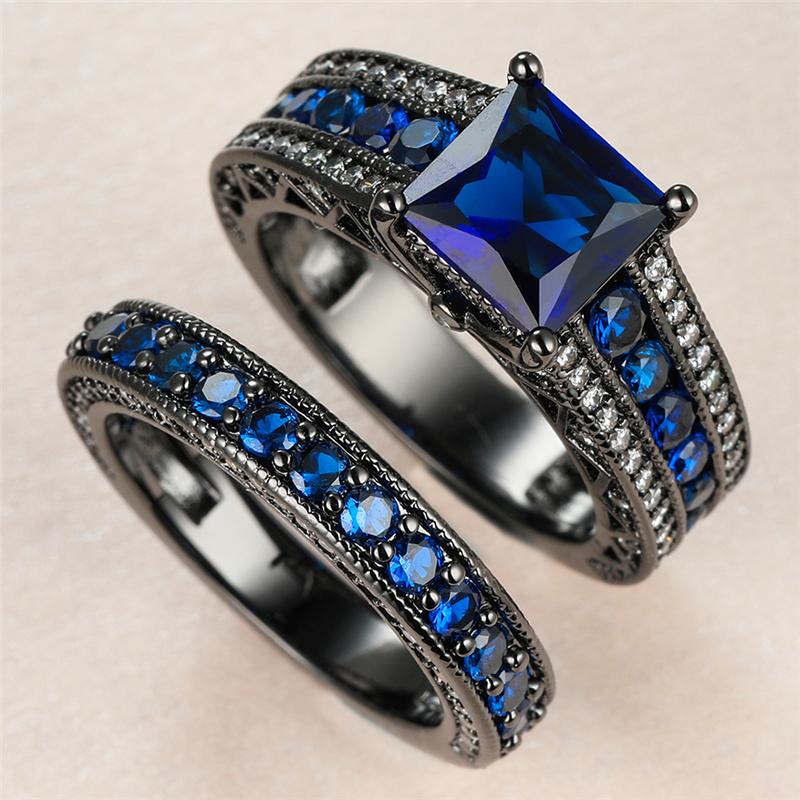 Wedding Rings Luxury Female Blue Crystal Stone Ring Set Vintage 14KT Black Gold For Women Promise Square Zircon Engagement-image-711404570