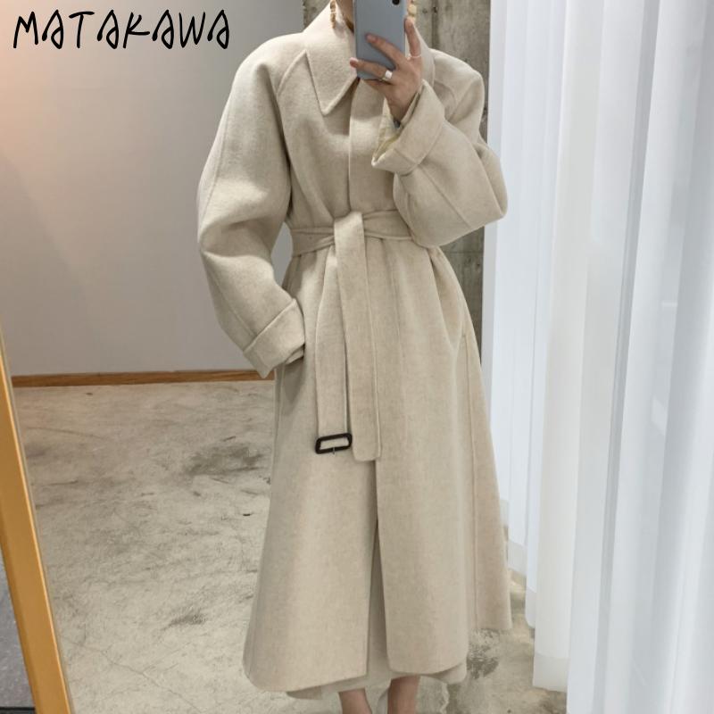 

Women's Wool & Blends Matakawa Double-sided Woolen Coat Women With Belt All-match French Elegant Jacket Turn Down Collar Casual Loose Overco, Navy blue