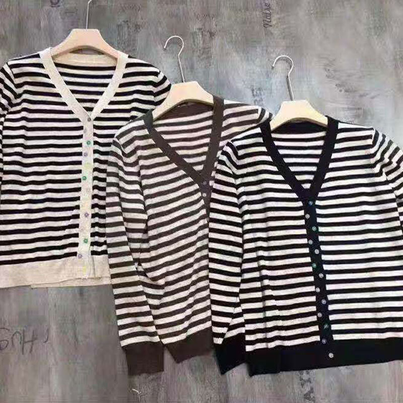 

Fashion Autumn Winter Knitted Cardigans Sweater Women V-neck Office Lady Colorful Single Breasted Striped 210520, Coffee