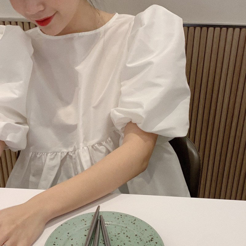 

Lucyever Summer Casual Puff Short Sleeve Chiffon Shirt Korean Loose Ruffles O-neck Tops Woman Sweet White Shirt Ladies 210521