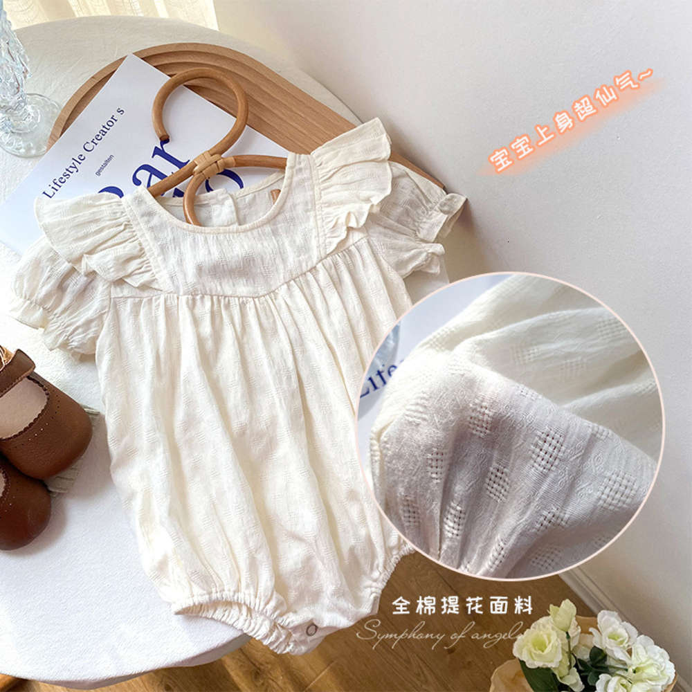 

0-2 years old children's clothing baby girl's treasure jacquard fairy climbing clothes Khaki cotton triangle one-piece bag fart for, White