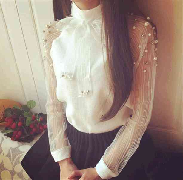 

fashion feminina blusa summer women blouses lace beaded chiffon white sweet bow long sleeve