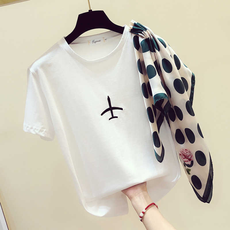 

Embroidered Silk Scarf Patchwork Short Sleeve Cotton O Neck T-shirt Women Spring Summer Loose Simple Tops 210615, White