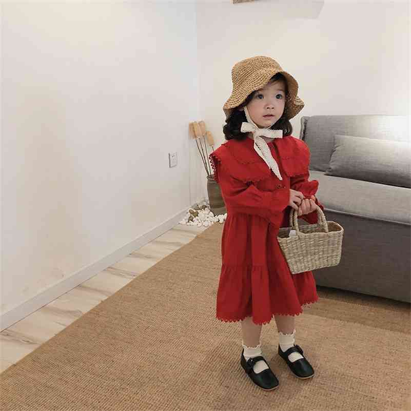 

Fashion girls big turn-down collar lace Layered dress kids cotton red long sleeve dresses 1-7Y 210708