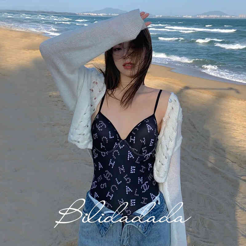 

Women luxurys designers swimwear Bilidadada small fragrance swimsuit women's one-piece sexy cover belly show thin net red hot spring bikini, White;black