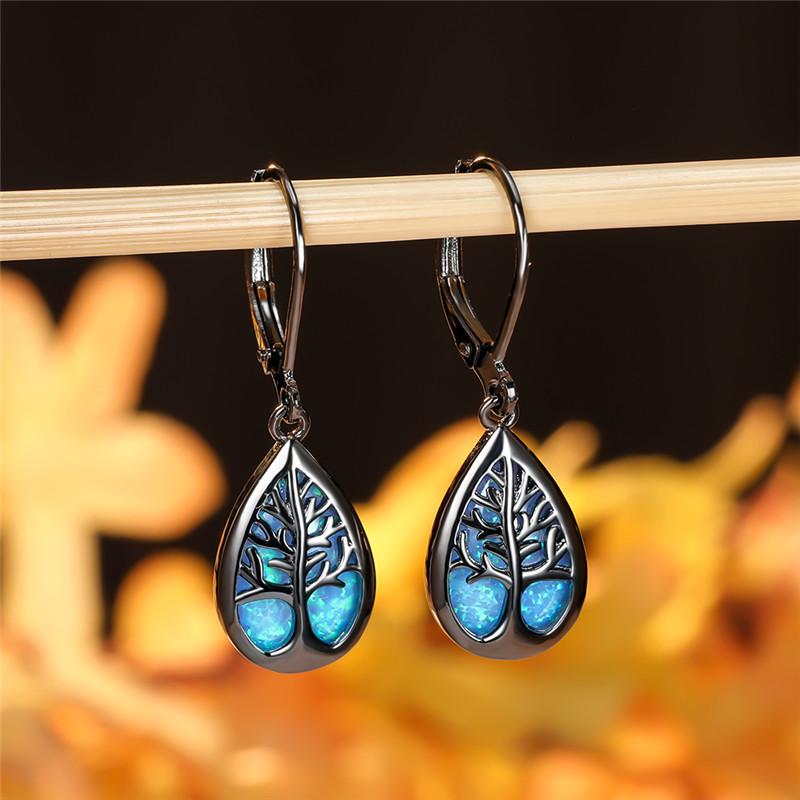 

Dangle & Chandelier Blue White Fire Opal Water Drop Earrings Cute Tree Of Life For Women Vintage Fashion Black Gold Wedding