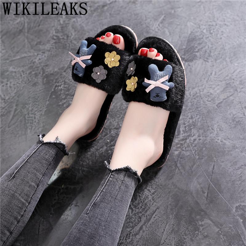 

Slippers Cute Flat House Ladies Plush Indoor Winter Fuzzy Dames Fashion Designer Slides Womens Shoes 42, Black