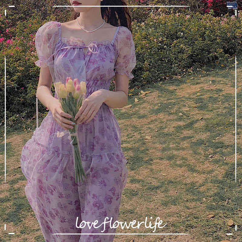 

Summer Elegant Sweet Dress Chiffon Lace Floral Dress Square Collar Beach Fairy Dress for Females Korean Style Bow Design 210521, Blue