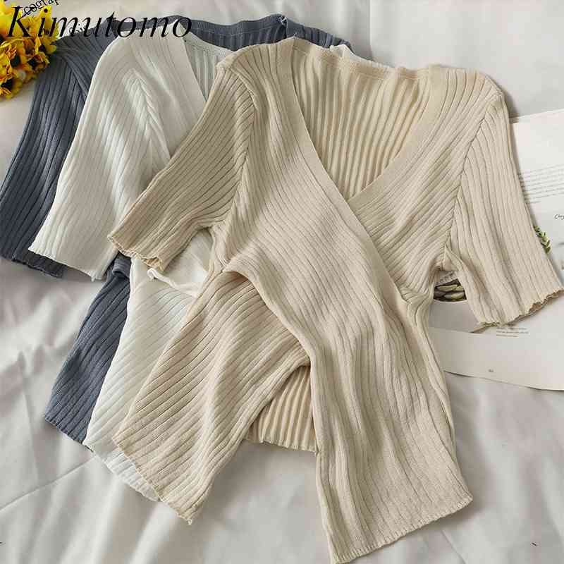 

Kimutomo Cross V-neck Knitted T-shirt Women Solid Color Short Sleeve All Matching Slim Open Umbilical Top Summer Fashion 210521, White