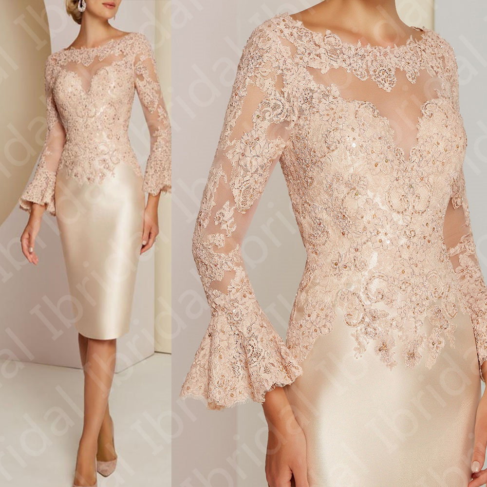 

Elegant Short Nude Pink Mother of the Bride Dresses Lace Long Sleeve Bateau Neck Beads Sheath Wedding Guest Gowns Knee Length Evening Wear