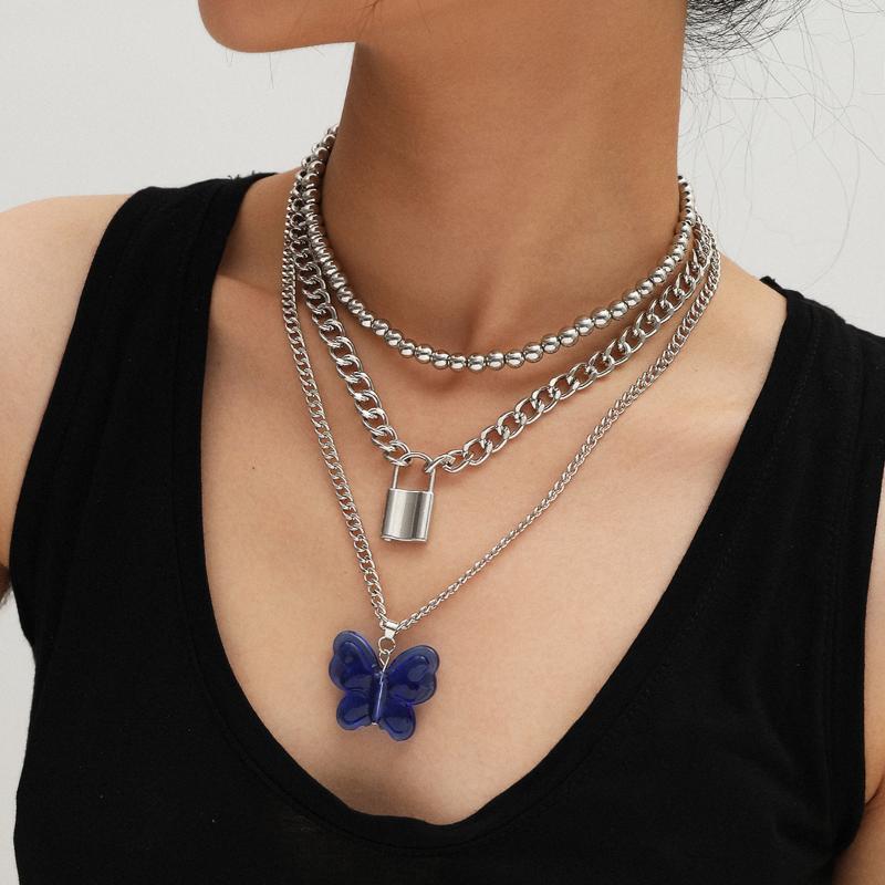 

Chains 2021 Women's Jewelry Temperament Cold Wind Mix And Match Lock-shaped Necklace Exaggerated Big Butterfly Blue Pendant