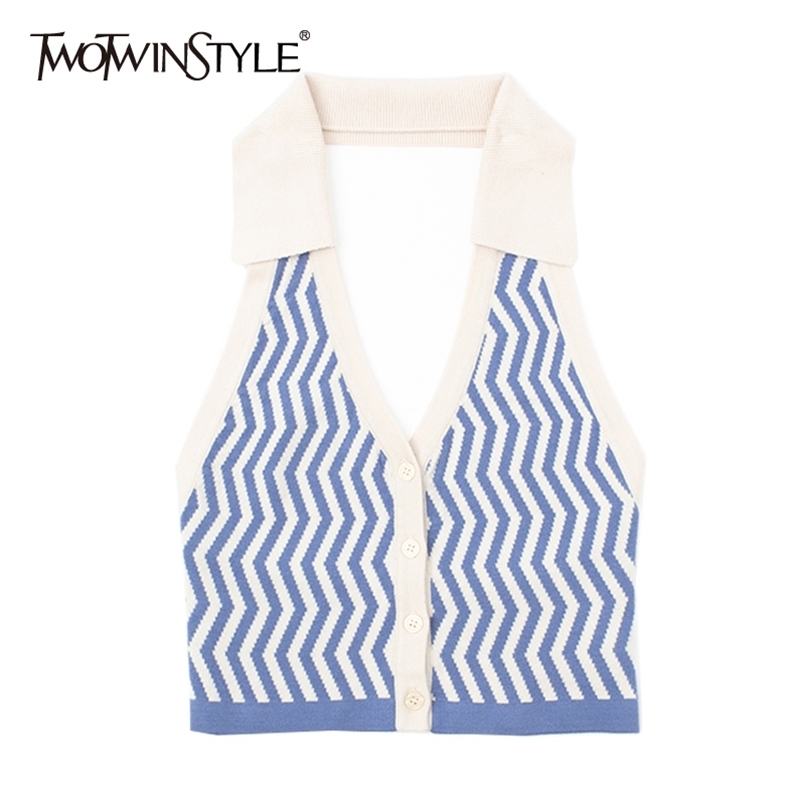 

Sexy Knitted Short Vest For Women V Neck Sleeveless Striped Hit Color Tank Tops Female Fashion Clothing 210524, Blue