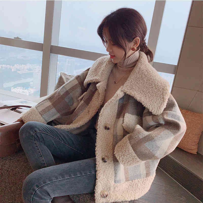 

Heydress Winter Vintage Brown Plaid Lambswool Jacket Women Fashion Lapel Single Breasted Thick Coat Tops Casual Warm Outwears 210426