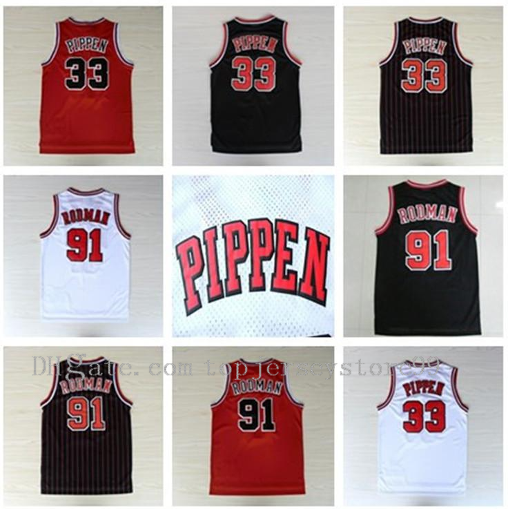 

Men Top 100% Stitched #33 Scottie Pippen 91 Dennis Rodman 1 Derrick Rose Jersey White Red Black Stripes Retro Basketball Jersey Size S-2XL