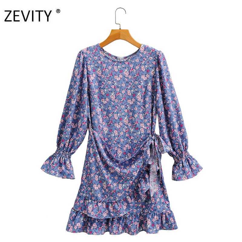 

Zevity Women vintage flower print irregular ruffles casual slim mini dress female o neck chic vestido brand party Dresses DS4203 210603, As pic ds4203ff