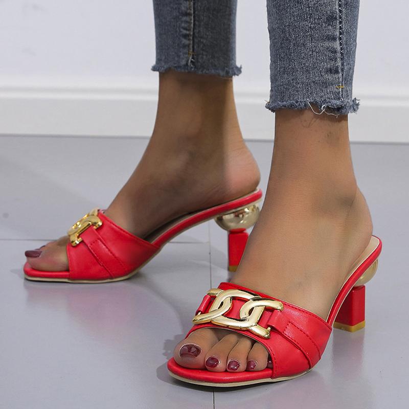 

Slippers Summer Ladies Sandals Female Golden Metal Chain Fashion Casual Mules Zapato Mujer Large Size 2021, Red