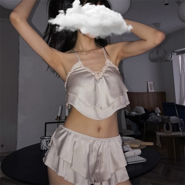 

Backless Floral Sexy Pajamas for Women Ice Silk Suspender Tops and Shorts Lovely 2pcs Pajama Set Home Clothes Dropshipping, Red