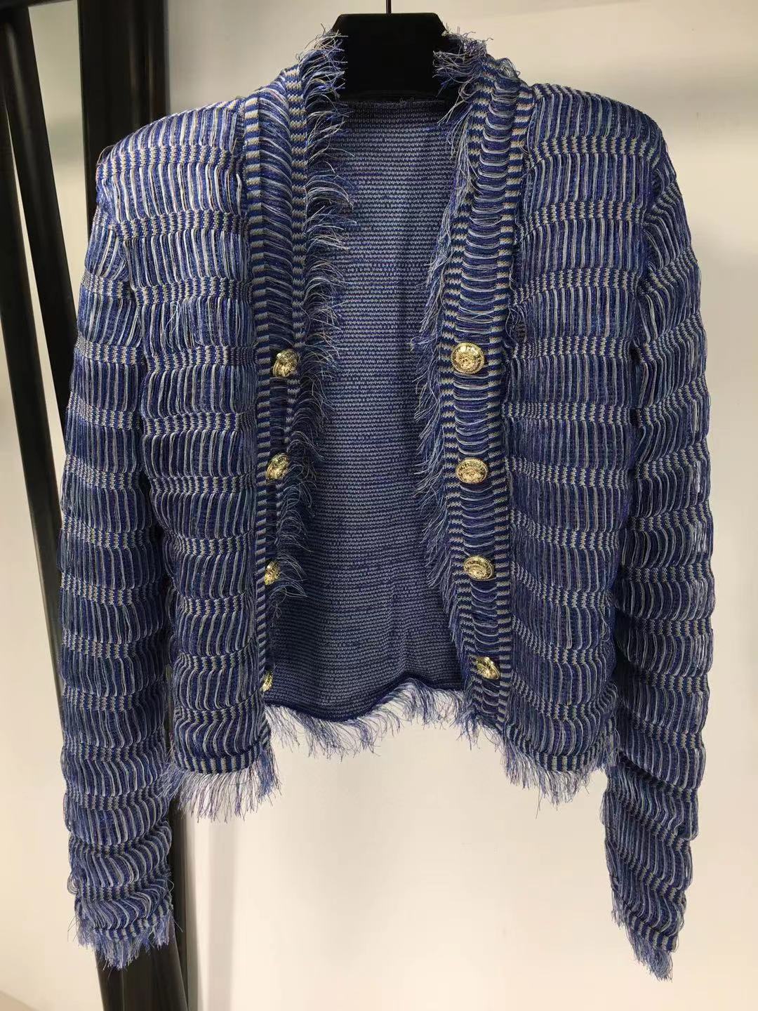 

Designer Blue Tassels Women' Jackets 2021 Autumn MILan Runway Gold Buttons Women Coats 202171