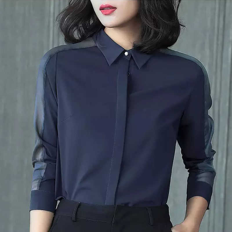 

Elegant Korean Women White shirt female long sleeved Professional office lady blouse Tops Fashion Chiffon DF2243 210609, Black
