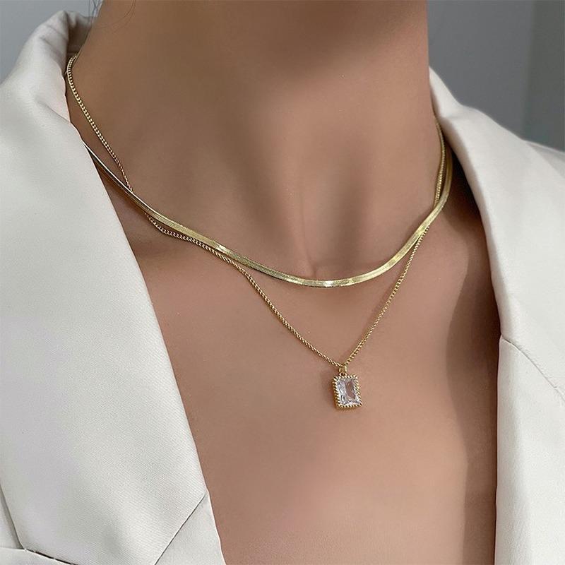 Pendant Necklaces Origin Summer Minimalist Geometrical Double-Layer Necklace For Women Girls Gold Square Cubic Zircon Jewelry-image-711296585