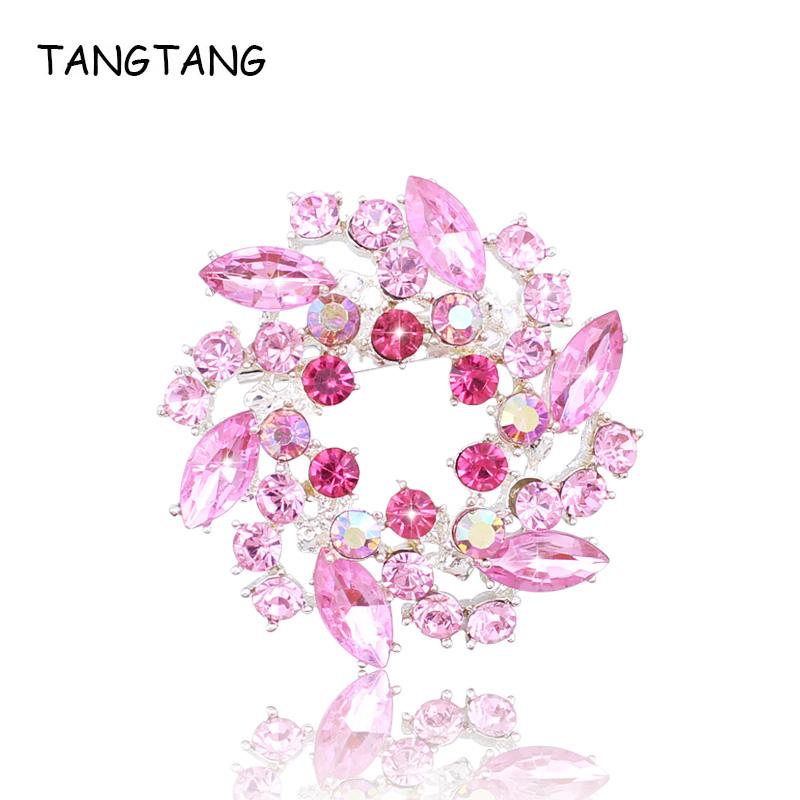 

Pins, Brooches Cubic Zirconia Flower Cloth For Women Top Quality Silver Color Pink Blue Crystal Broches Lady Femme Wedding Jewelry