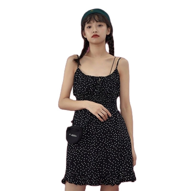 

Sexy sling dress women waist polka dot bottoming mini skirt summer Korean fashion women's clothing 210520, Black