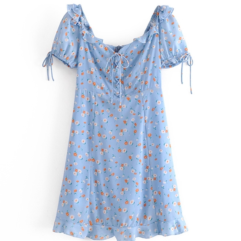 

Floral Print Mini Dress Summer Sweat Fashion Slim Short Sleeve Lace Neck Zipper Casual Streetwear 210524, As the photo