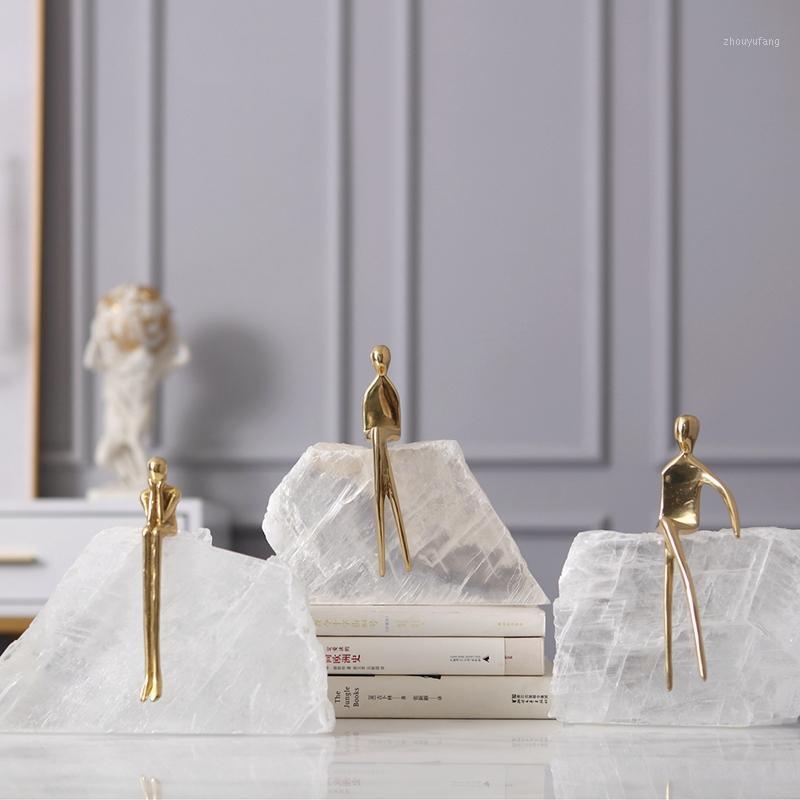 

Decorative Objects & Figurines Luxurious Abstract Figure Think Sit On Crystal Stone Sculpture Modern Statue Copper Figurine Crafts Home Deco