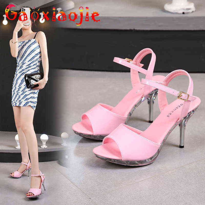 

Women Wedding Shoes 2021 New Transparent Crystal Semi-High Heeled For Women Ladies Heels 10cm Peep Toe Sexy Summer Modern Sandal Y0721, As picture shown
