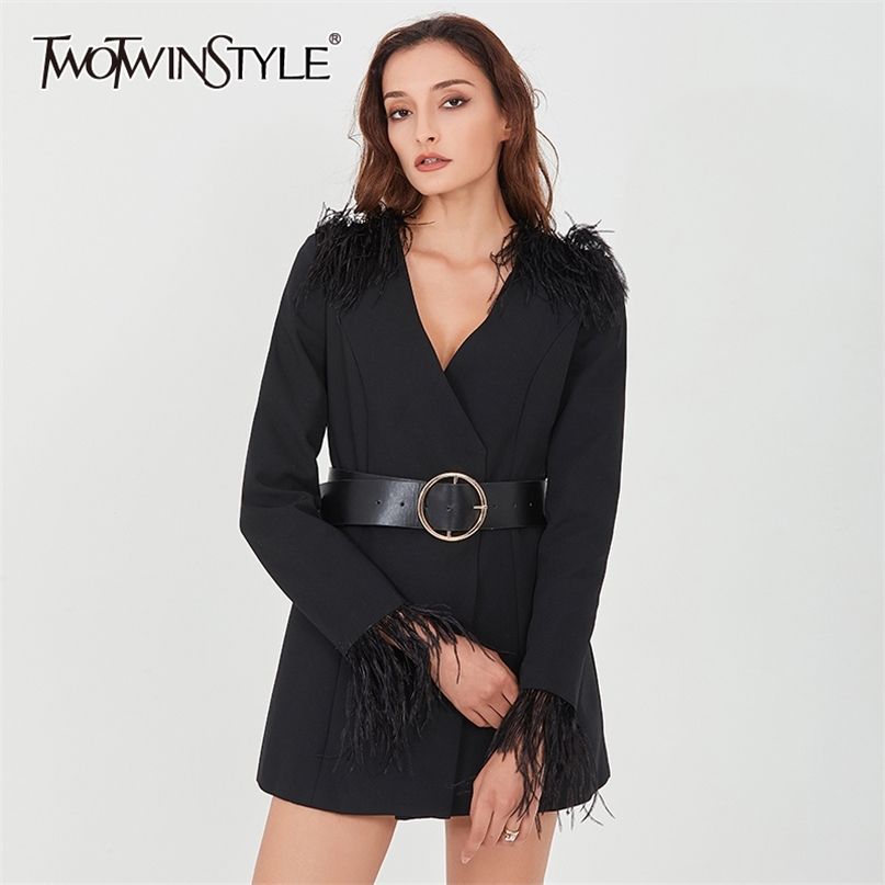 

Vintage Patchwork Feather Dress For Women V Neck Long Sleeve High Waist With Sashes Mini Dresses Female Autumn 210520, Black