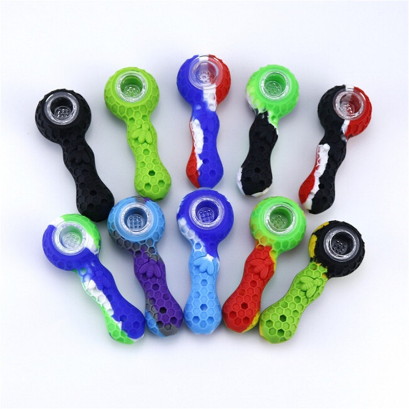 

Silicone Smoking Pipe OPP Bag Honeycomb Style Oil Burner Dab Tobacco Pipes With Glass Bowl Cigarette Accessories