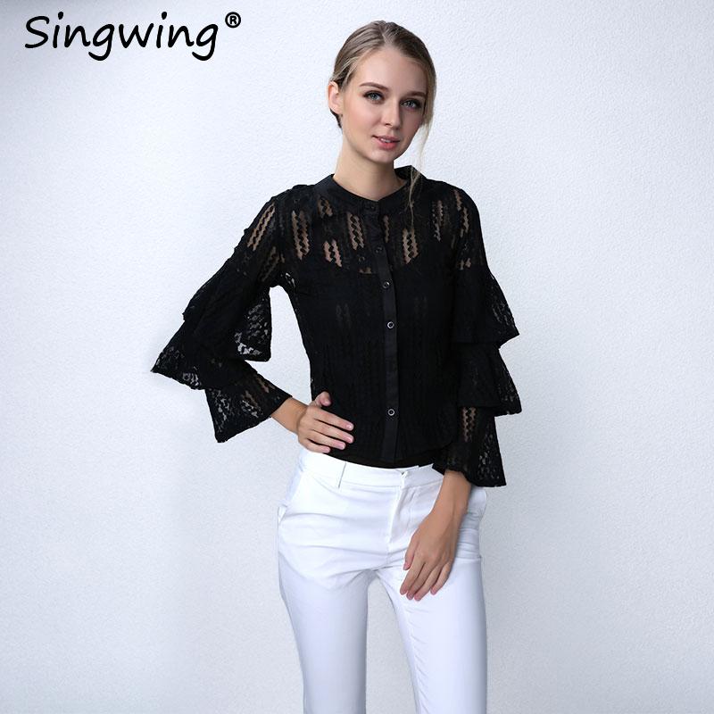 

Singwing Elegant Flare Sleeve Lace Women Blouse Autumn Hollow Out Sexy Flower Shirt Long Female Blusas Tops Women's Blouses & Shirts, Black